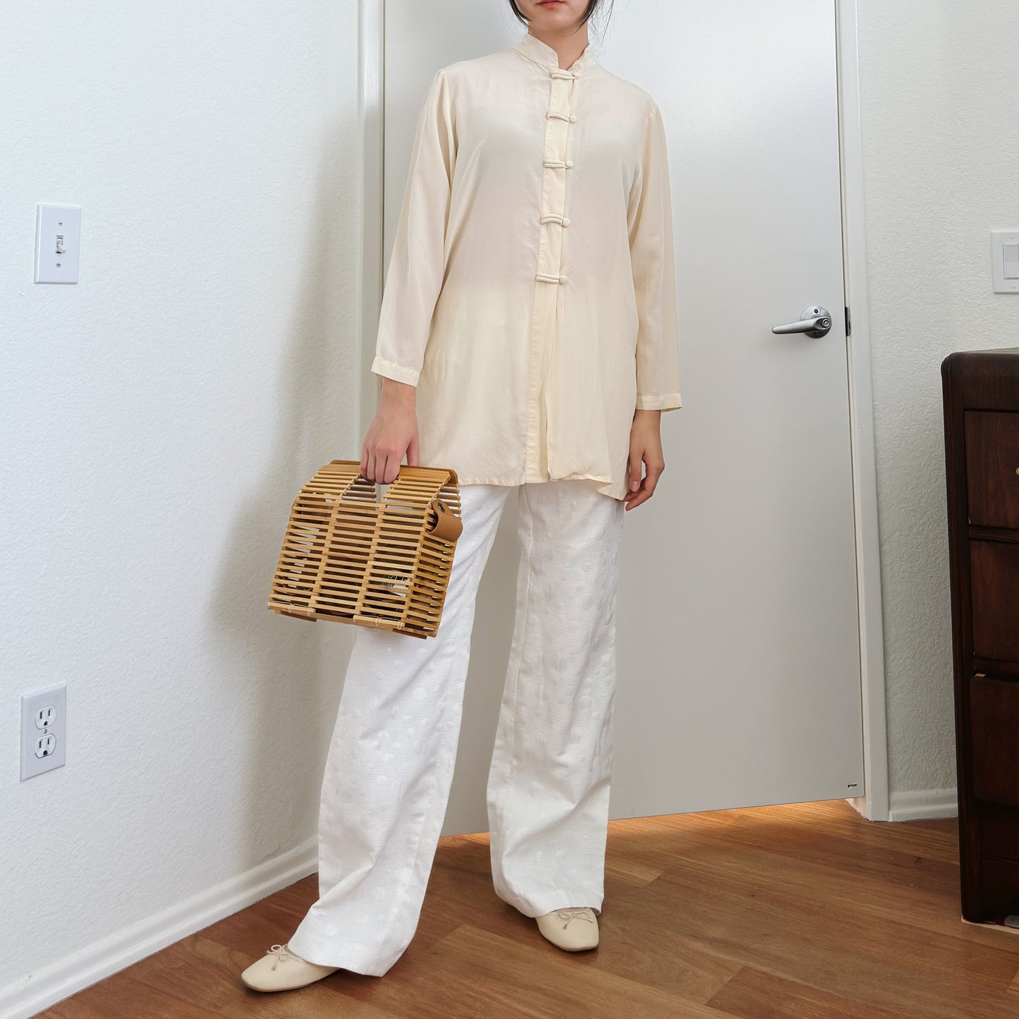 90's Cream Stand Collar Shirt | M