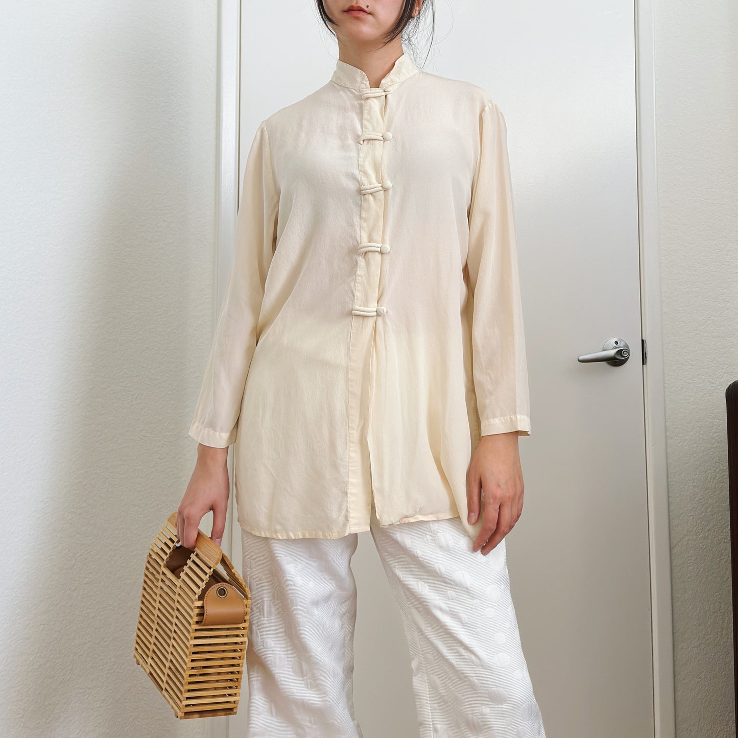90's Cream Stand Collar Shirt | M