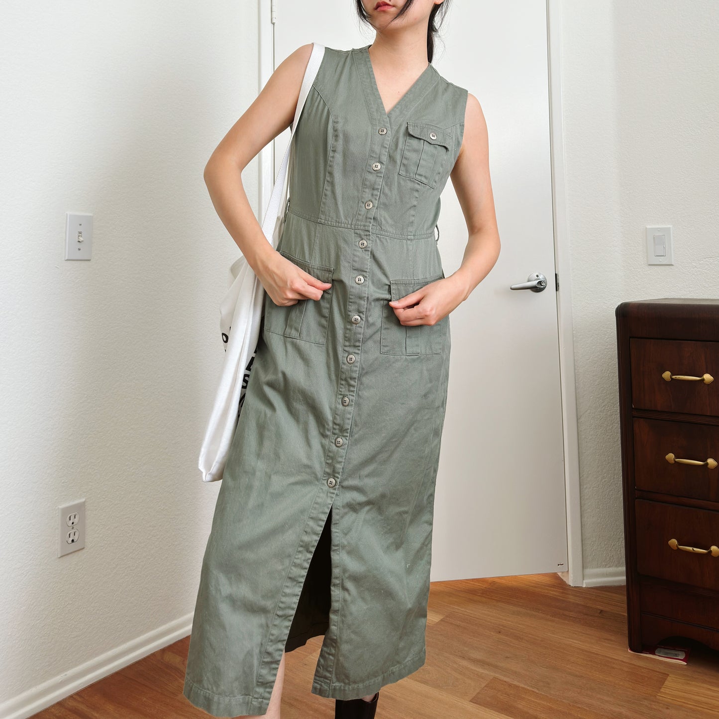 90's Olive Cargo Maxi Dress | M