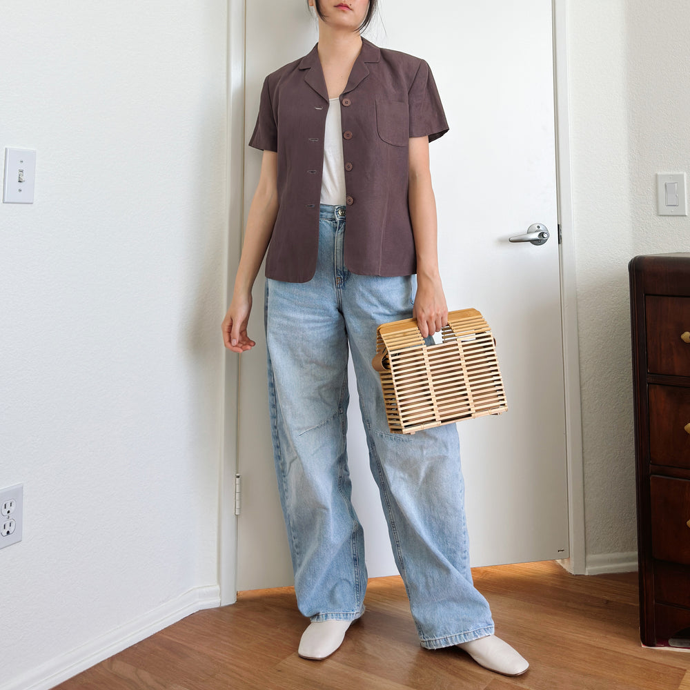 90's Brown Linen Short Sleeve Jacket | M