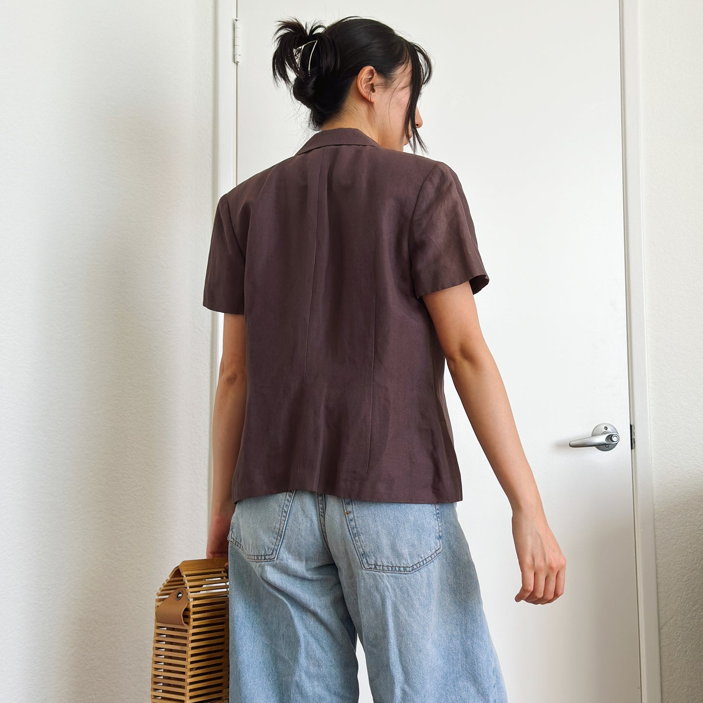 90's Brown Linen Short Sleeve Jacket | M