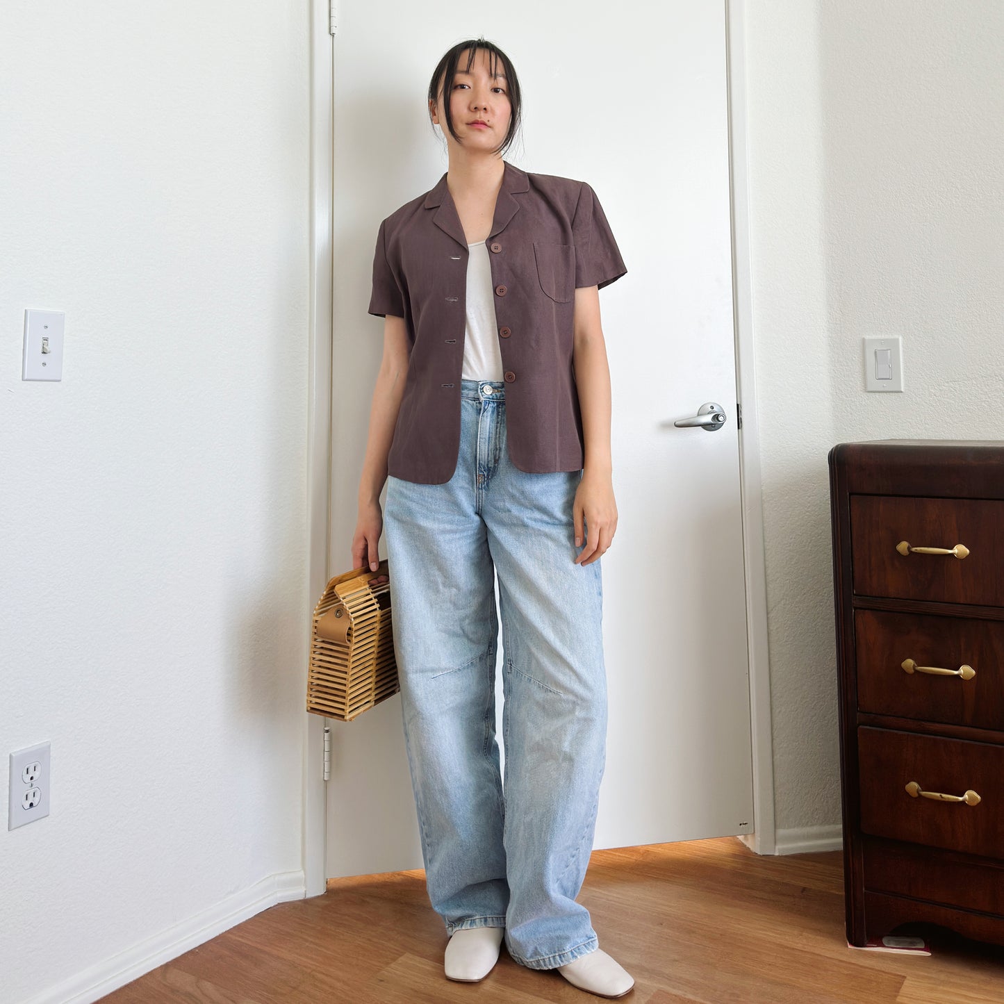 90's Brown Linen Short Sleeve Jacket | M