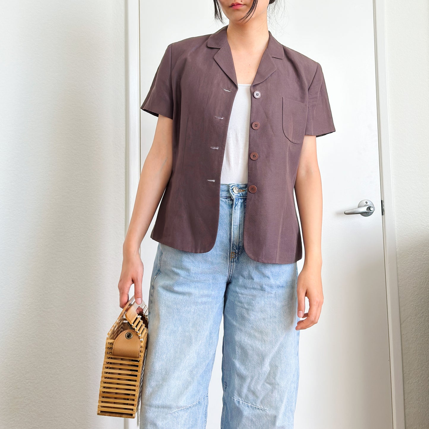 90's Brown Linen Short Sleeve Jacket | M