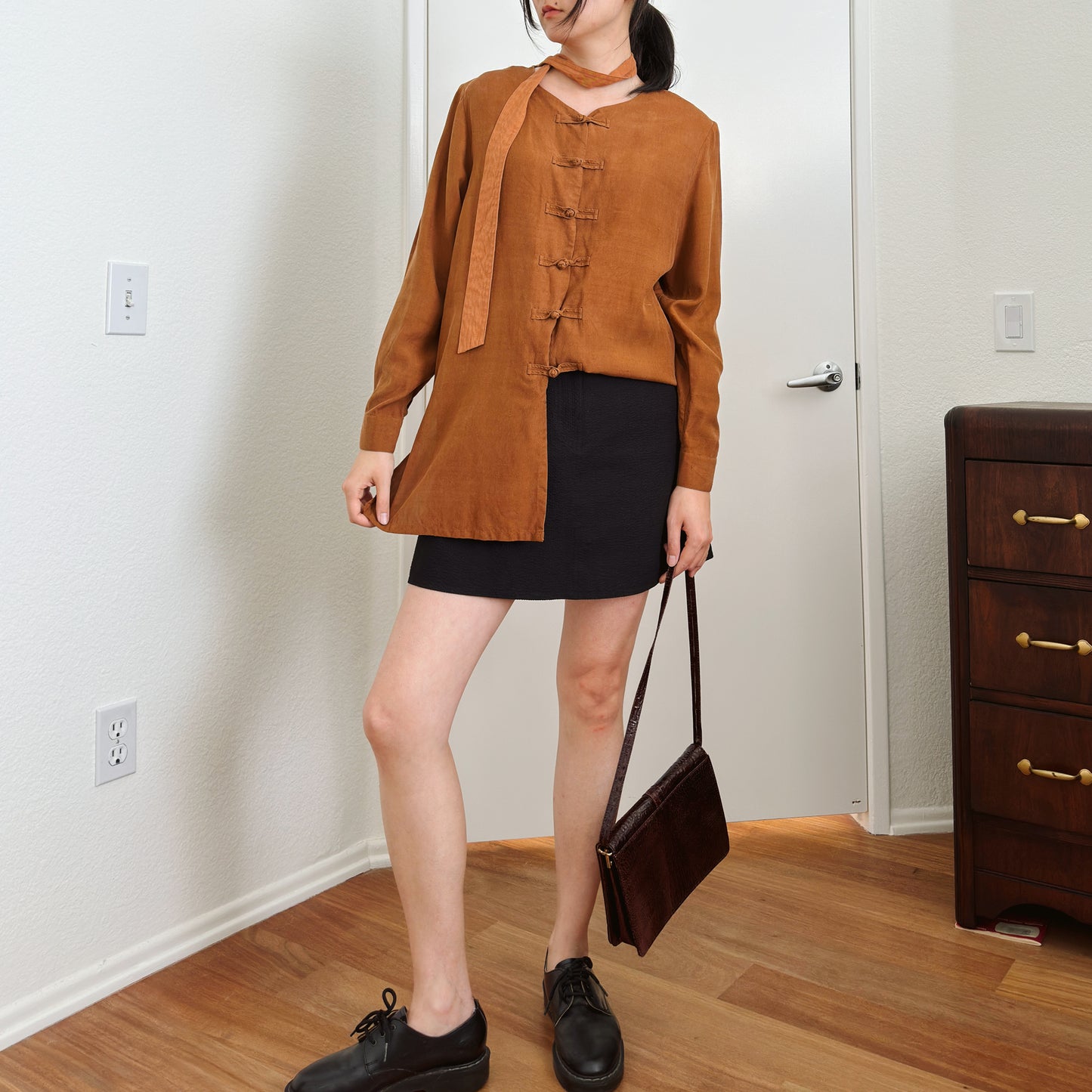 90's Brown Silk Knot Button Blouse | M