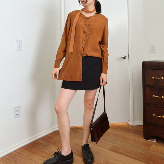 90's Brown Silk Knot Button Blouse | M