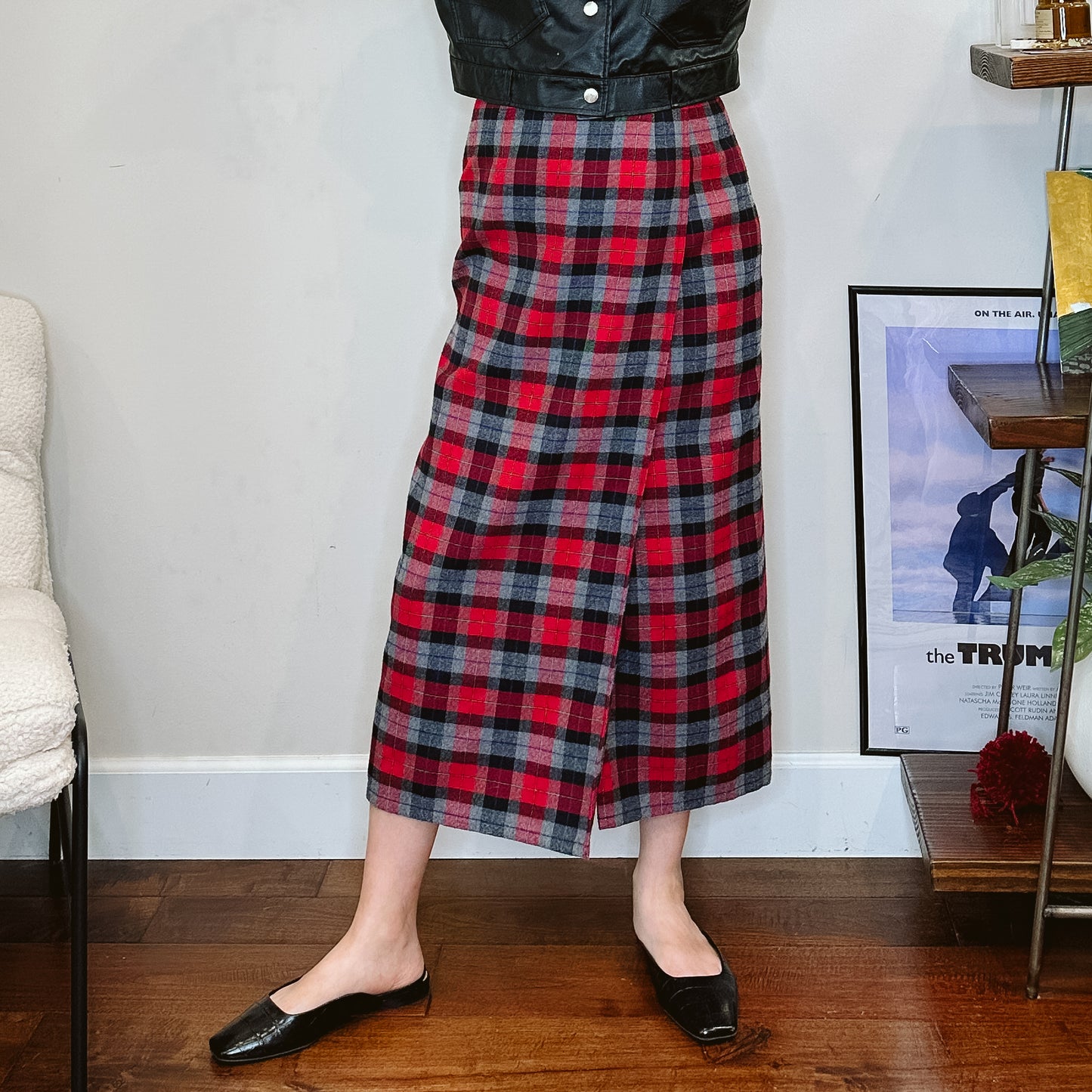 90's Faux Wrap Plaid Maxi Skirt | M