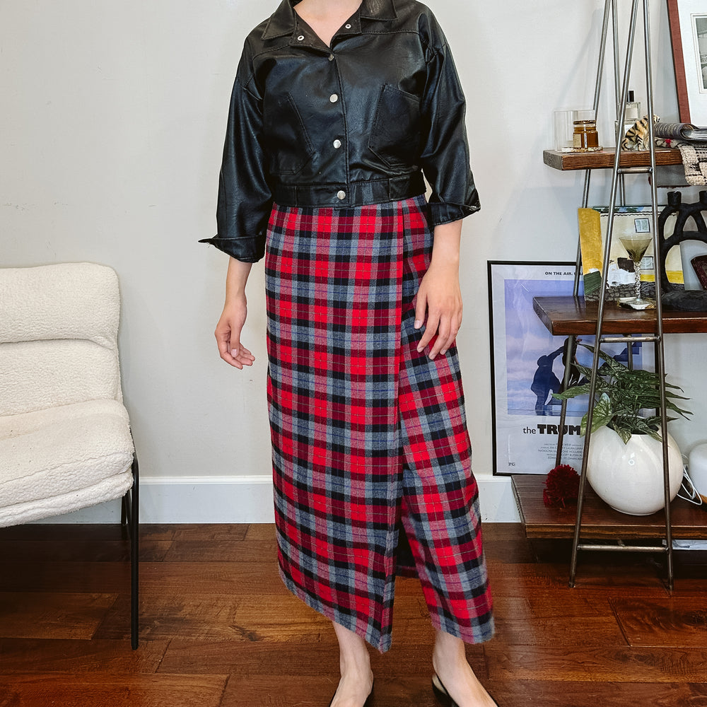 90's Faux Wrap Plaid Maxi Skirt | M