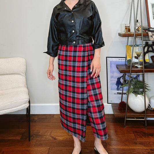 90's Faux Wrap Plaid Maxi Skirt | M