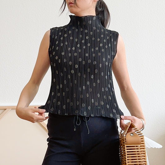 90's Plisse Mock Neck Polka Dot Tank Top | M