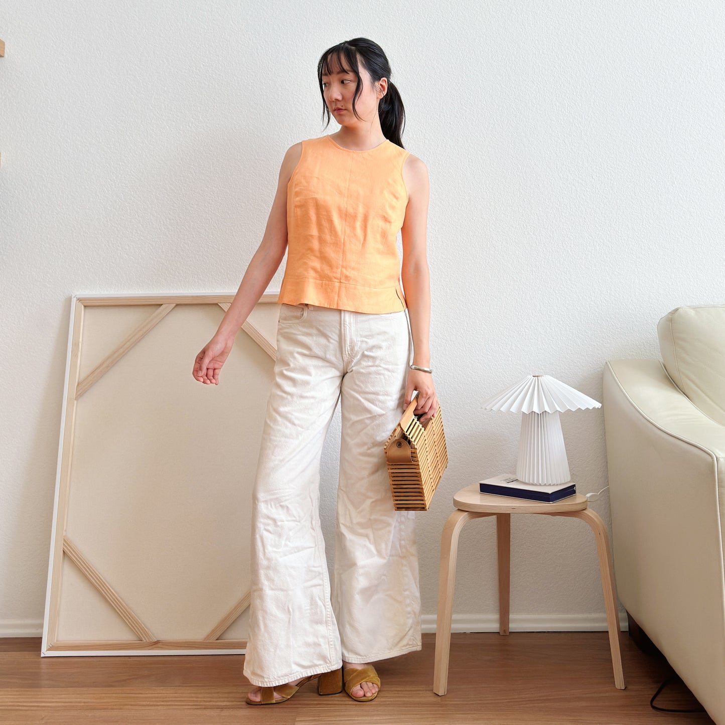 90's Tangerine Orange Linen Tank Top | M