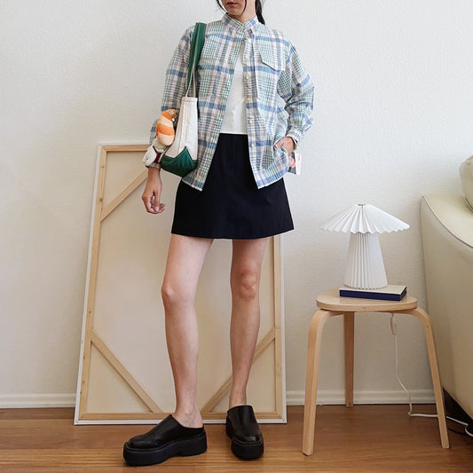 80's Deadstock Plaid Stand Collar Shirt | L