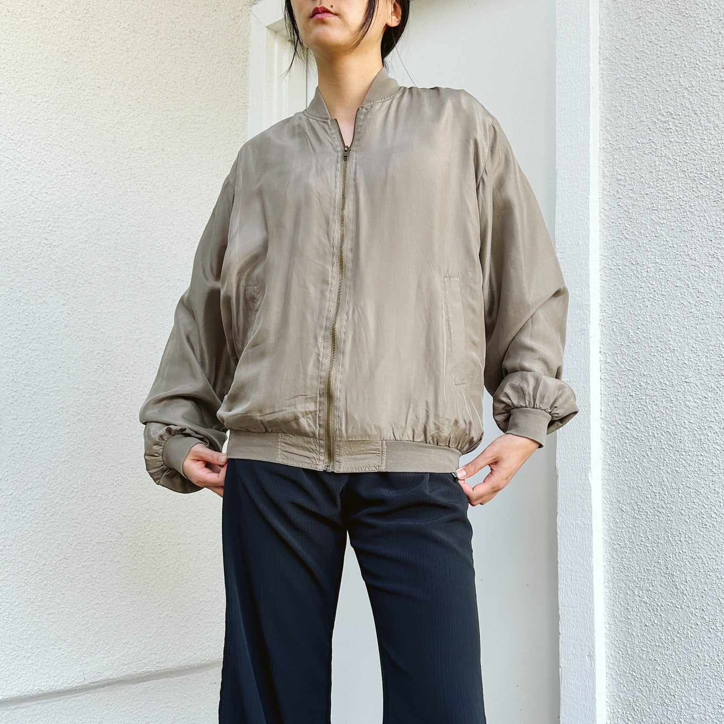 Men's 80's Khaki Silk Bomber Jacket | M