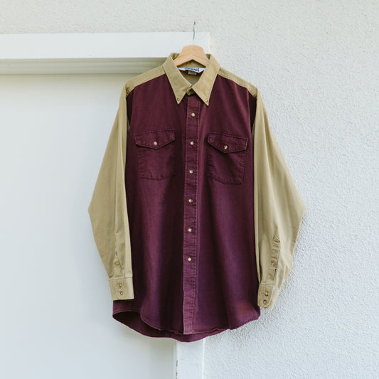 Men's 90's Tan and Burgundy Colorblock Shirt | L