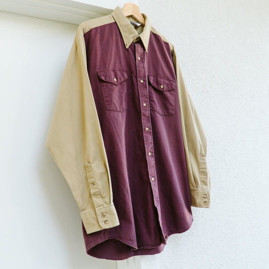 Men's 90's Tan and Burgundy Colorblock Shirt | L