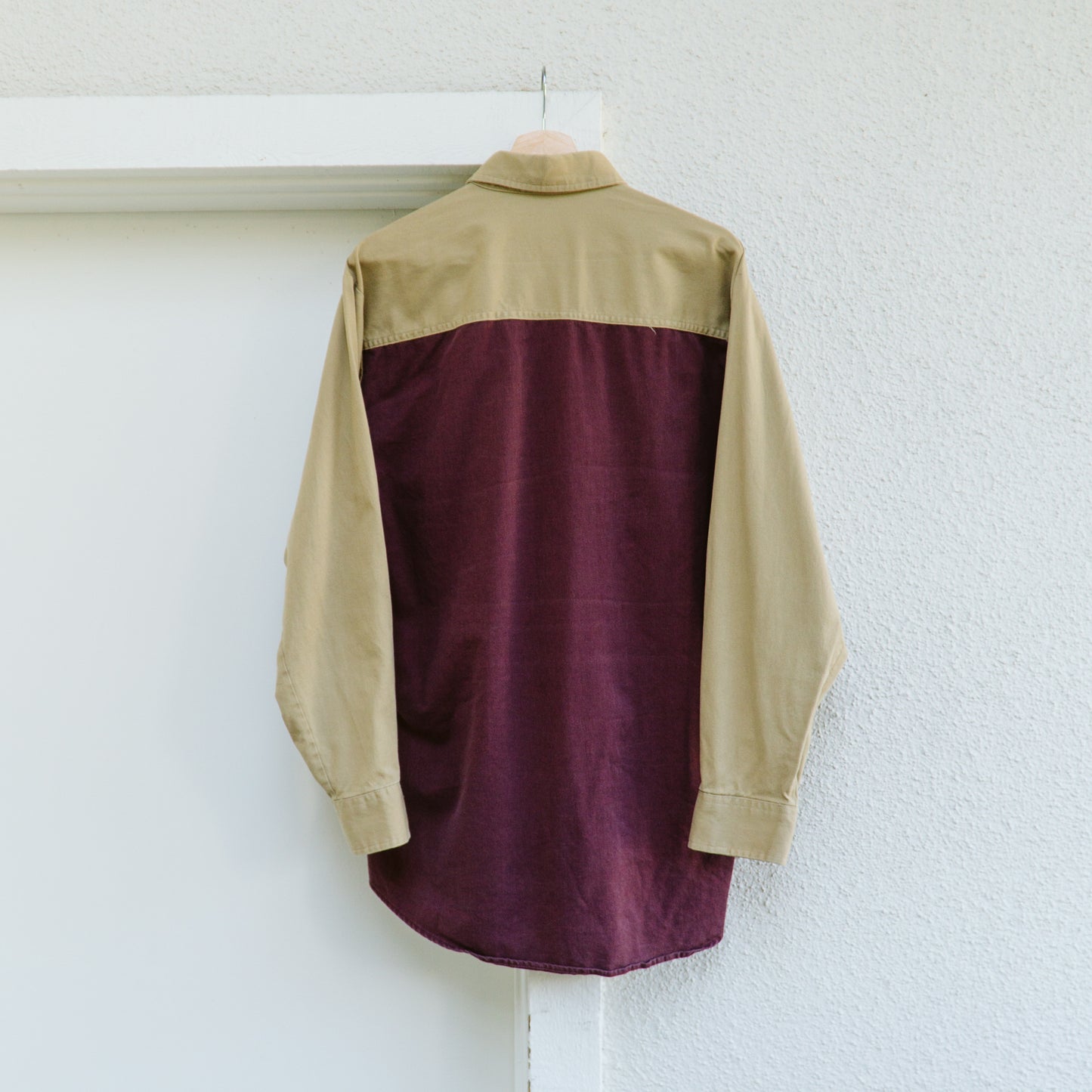 Men's 90's Tan and Burgundy Colorblock Shirt | L