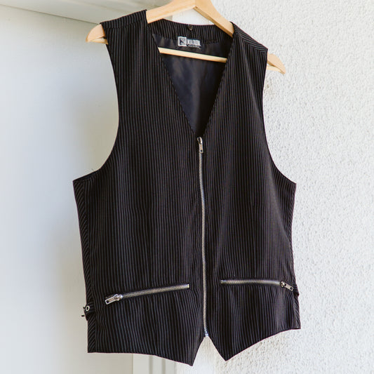Men's Black Punk Pinstripe Buckle Vest | M