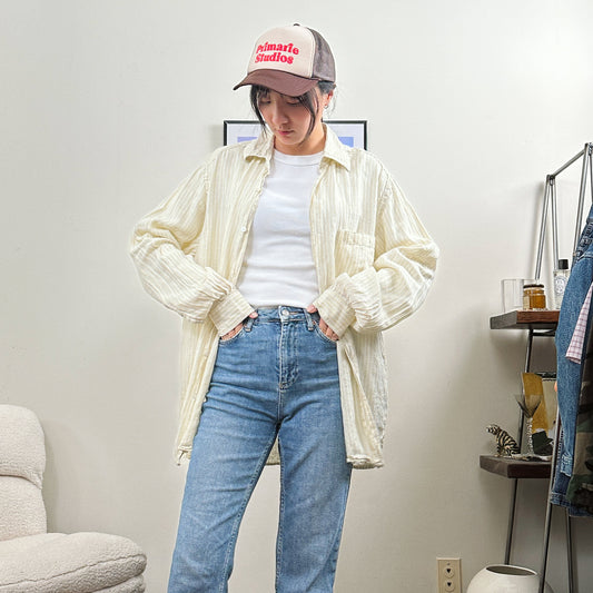 Men's Linen Cream Stripe Button Down Shirt | L