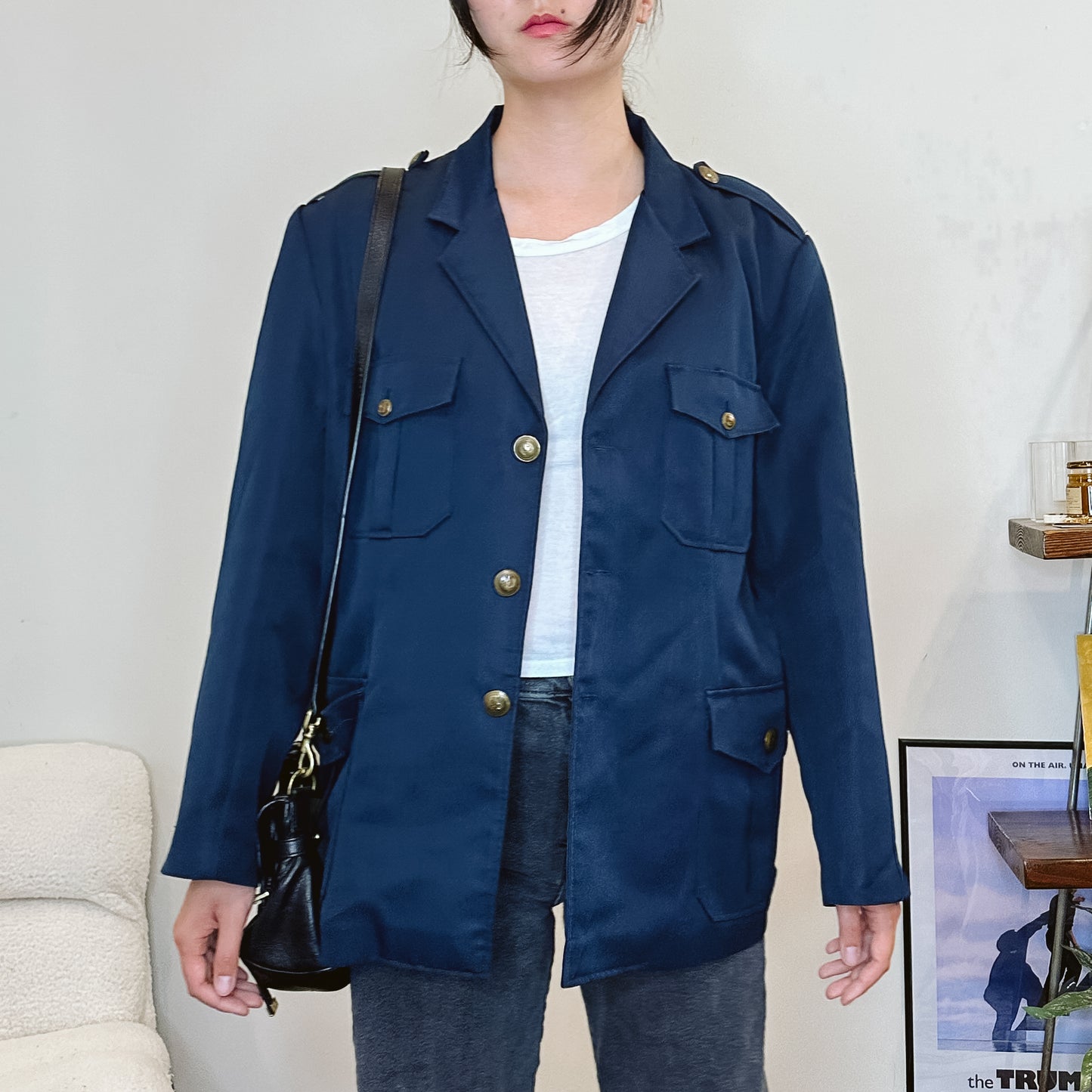 Men's 70's Military Navy Blue Blazer Jacket | L