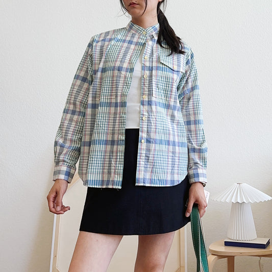 80's Deadstock Plaid Stand Collar Shirt | L