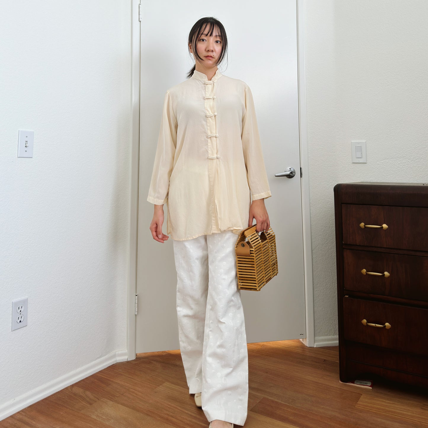 White Bubble Texture Trousers | M