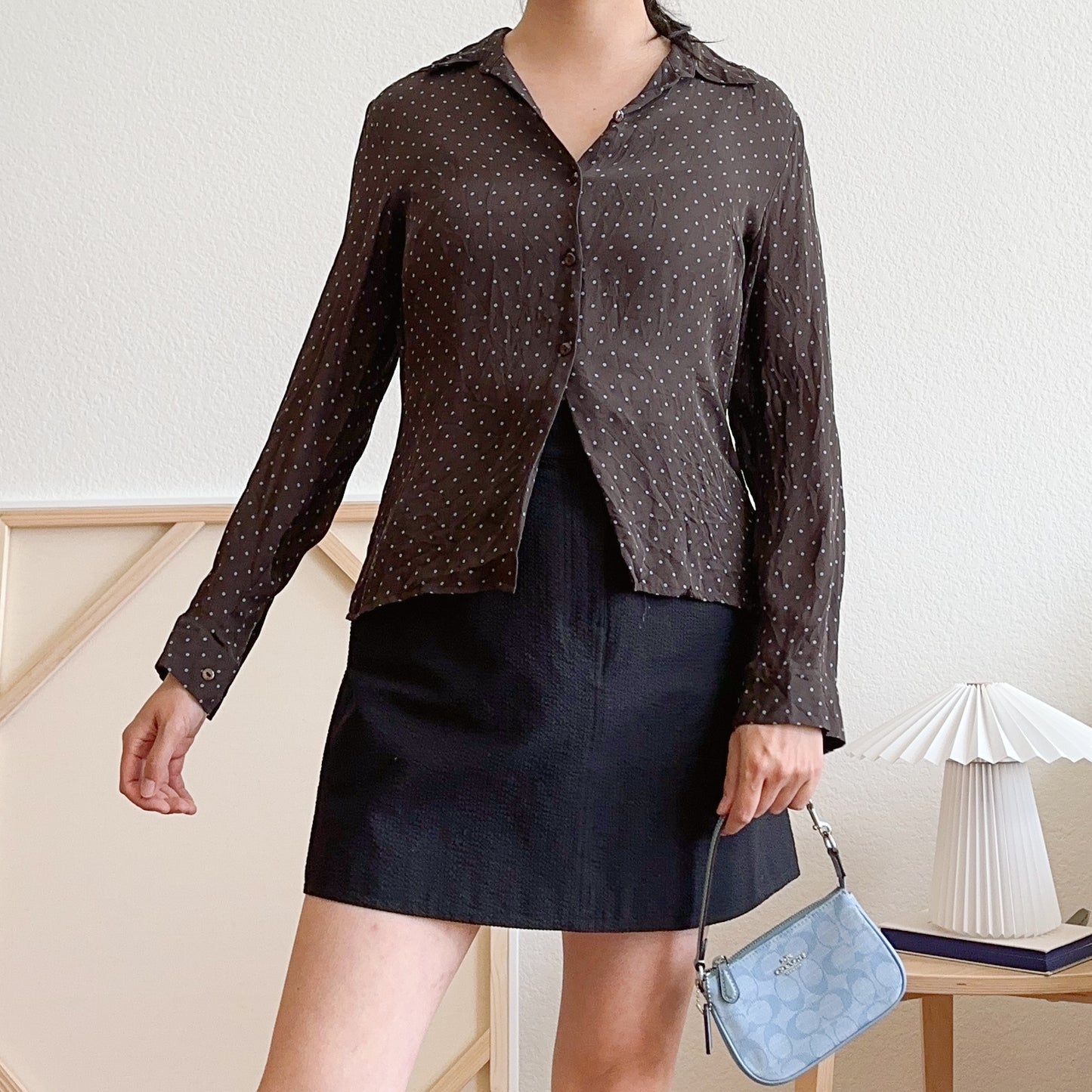 Y2K Brown and Blue Pin Dot Shirt | S