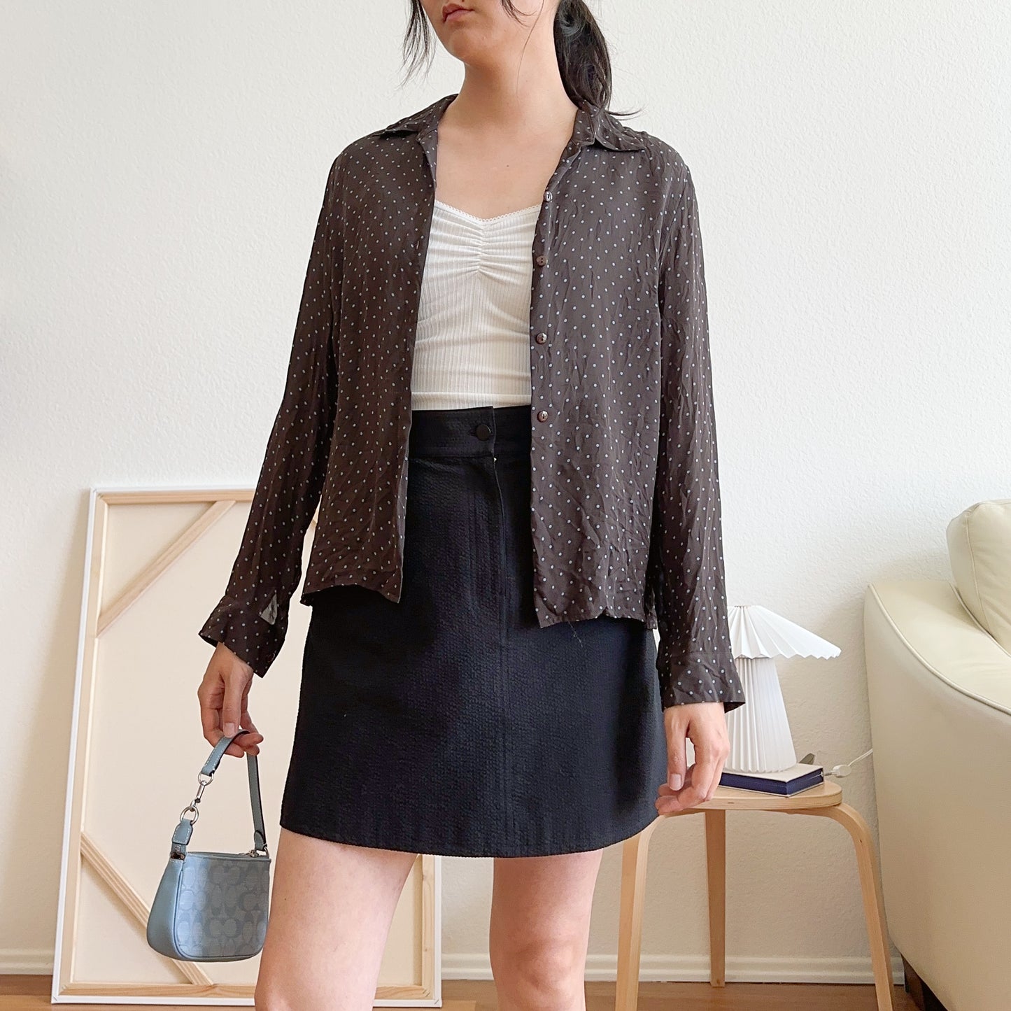 Y2K Brown and Blue Pin Dot Shirt | S