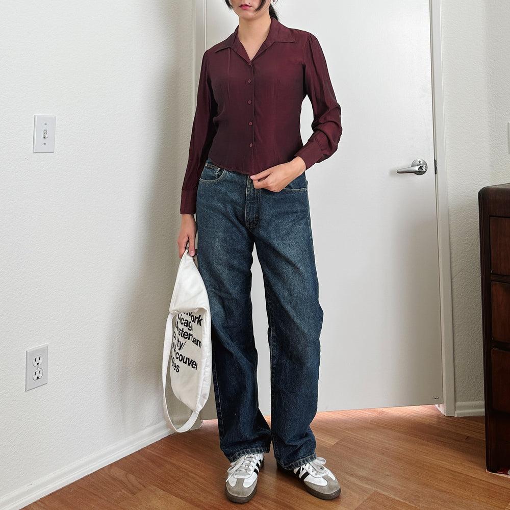 Y2K Burgundy Red Satin Button Down Shirt | S-M
