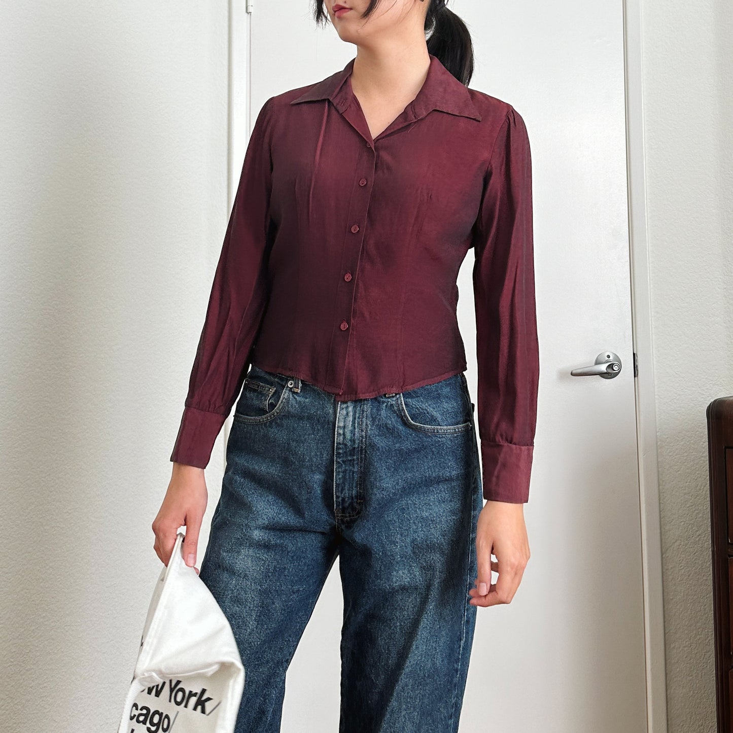 Y2K Burgundy Red Satin Button Down Shirt | S-M