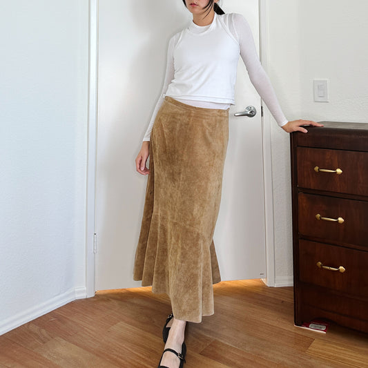 Y2K Camel Brown Flare Midi Skirt | L