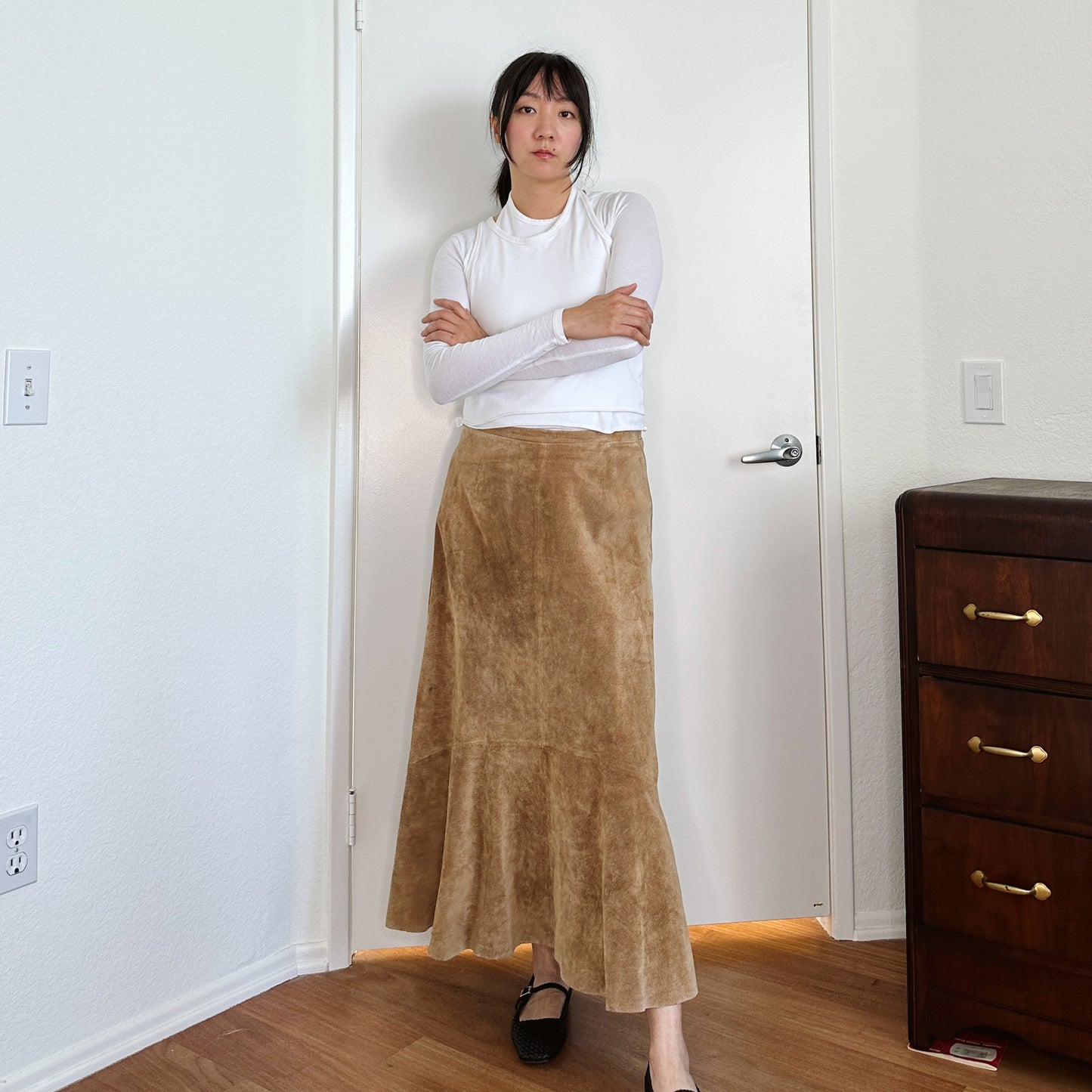 Y2K Camel Brown Flare Midi Skirt | L