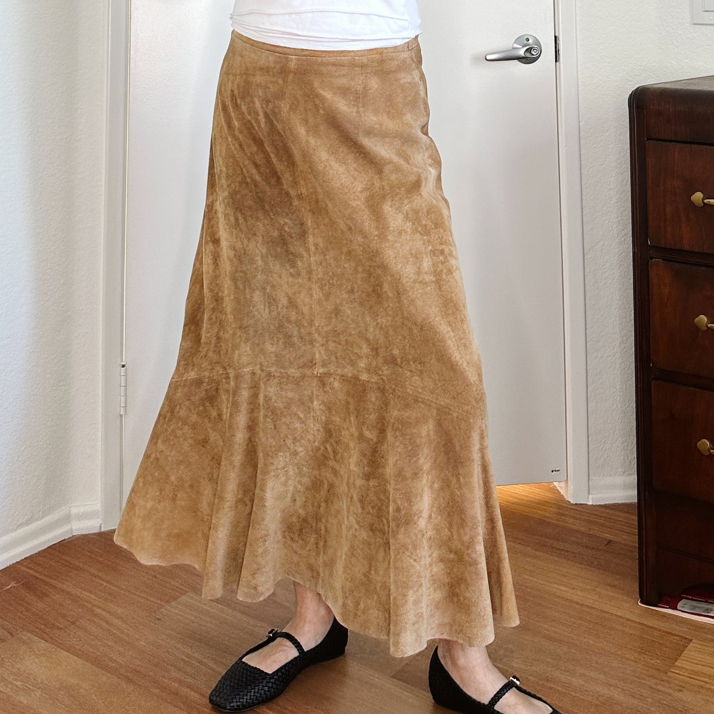 Y2K Camel Brown Flare Midi Skirt | L
