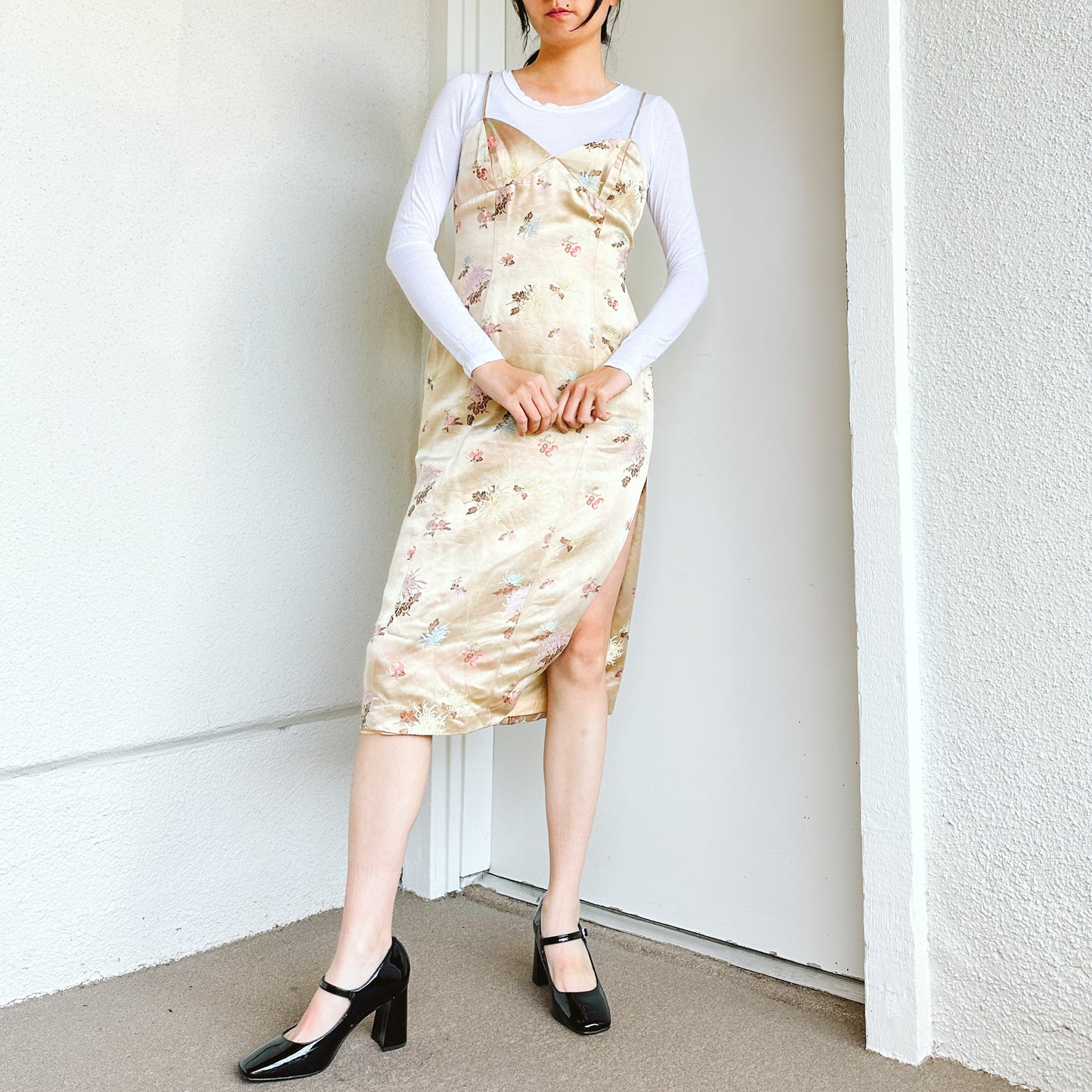 Y2K Gold Satin Floral Midi Dress | M