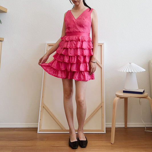 Y2K Hot Pink Silk Ruffle Mini Dress | M
