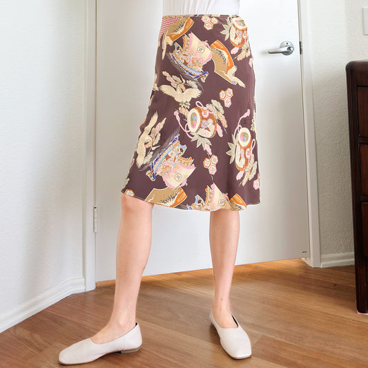 Y2K Silk Asian Print Bias Skirt | M