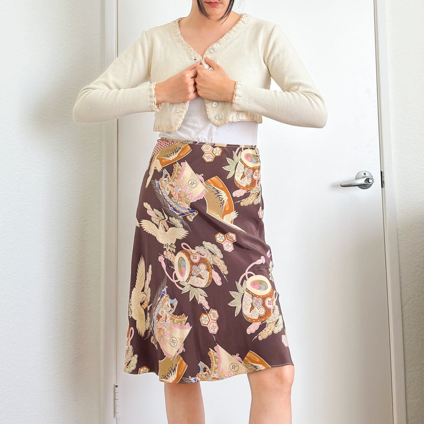 Y2K Silk Asian Print Bias Skirt | M