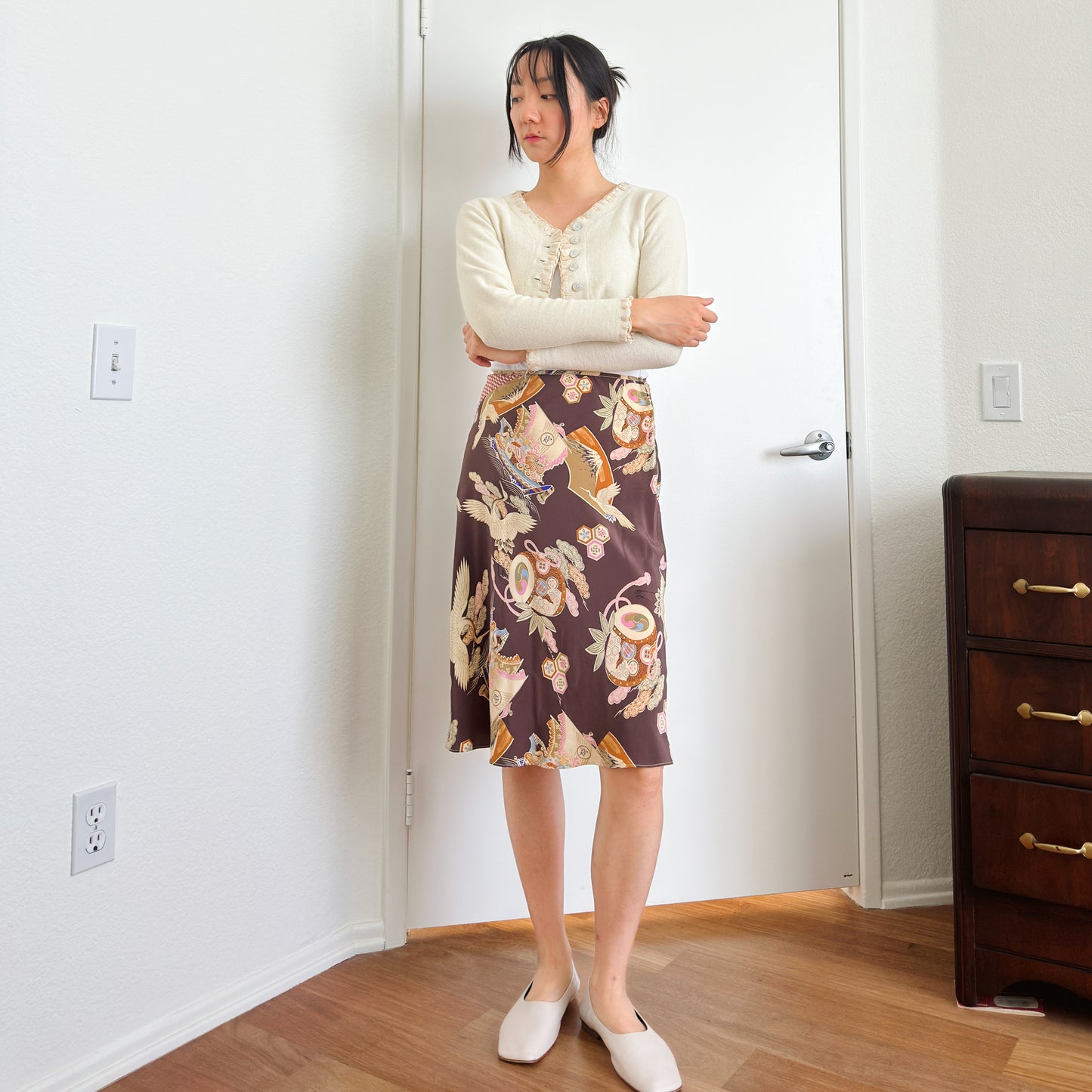 Y2K Silk Asian Print Bias Skirt | M