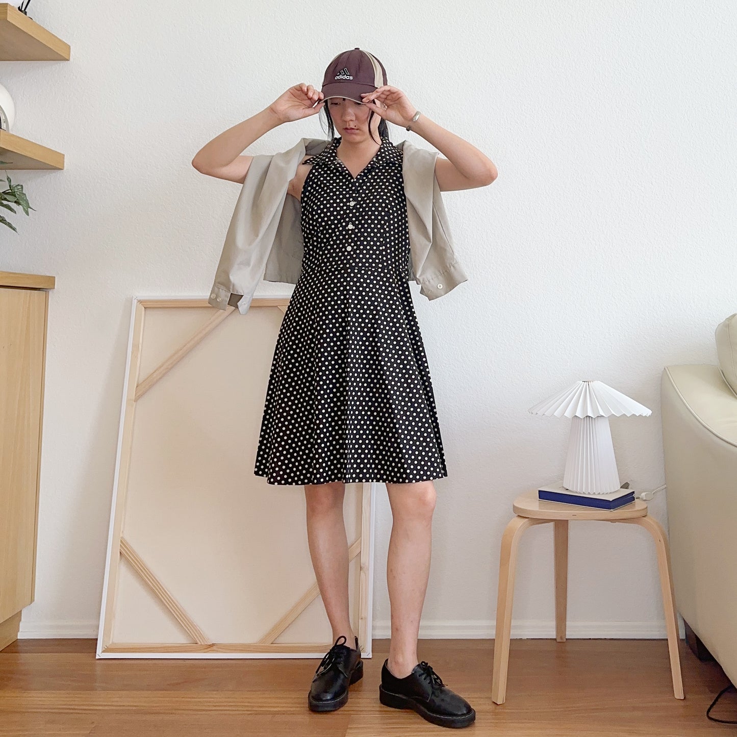 Y2K Black and Cream Polka Dot Dress | M