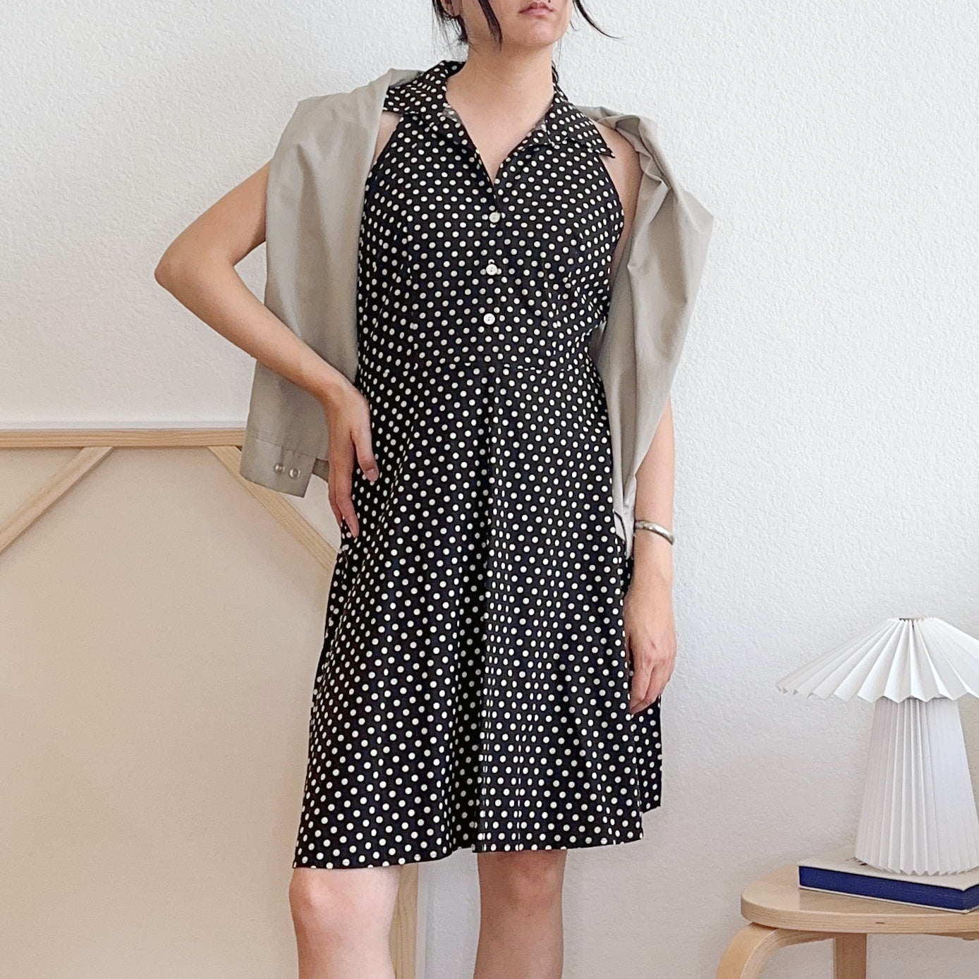 Y2K Black and Cream Polka Dot Dress | M