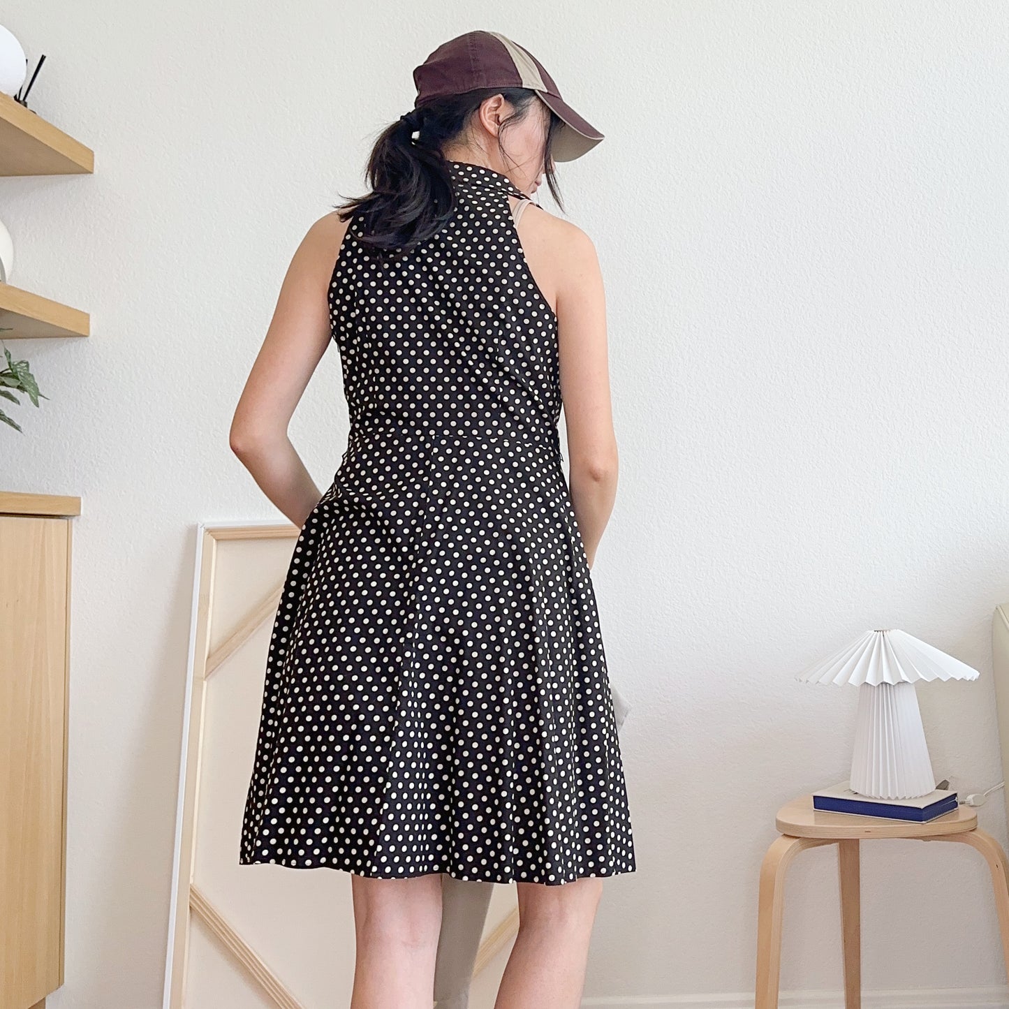 Y2K Black and Cream Polka Dot Dress | M