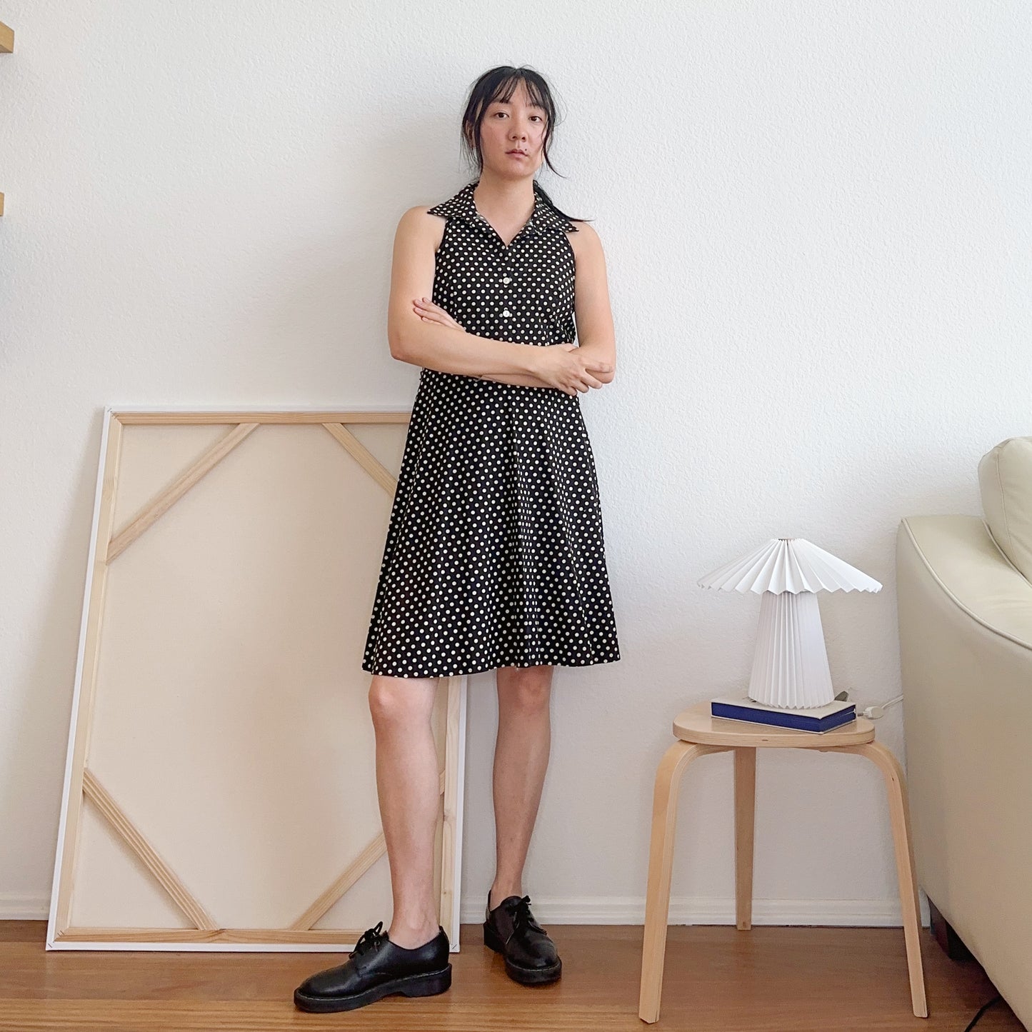 Y2K Black and Cream Polka Dot Dress | M