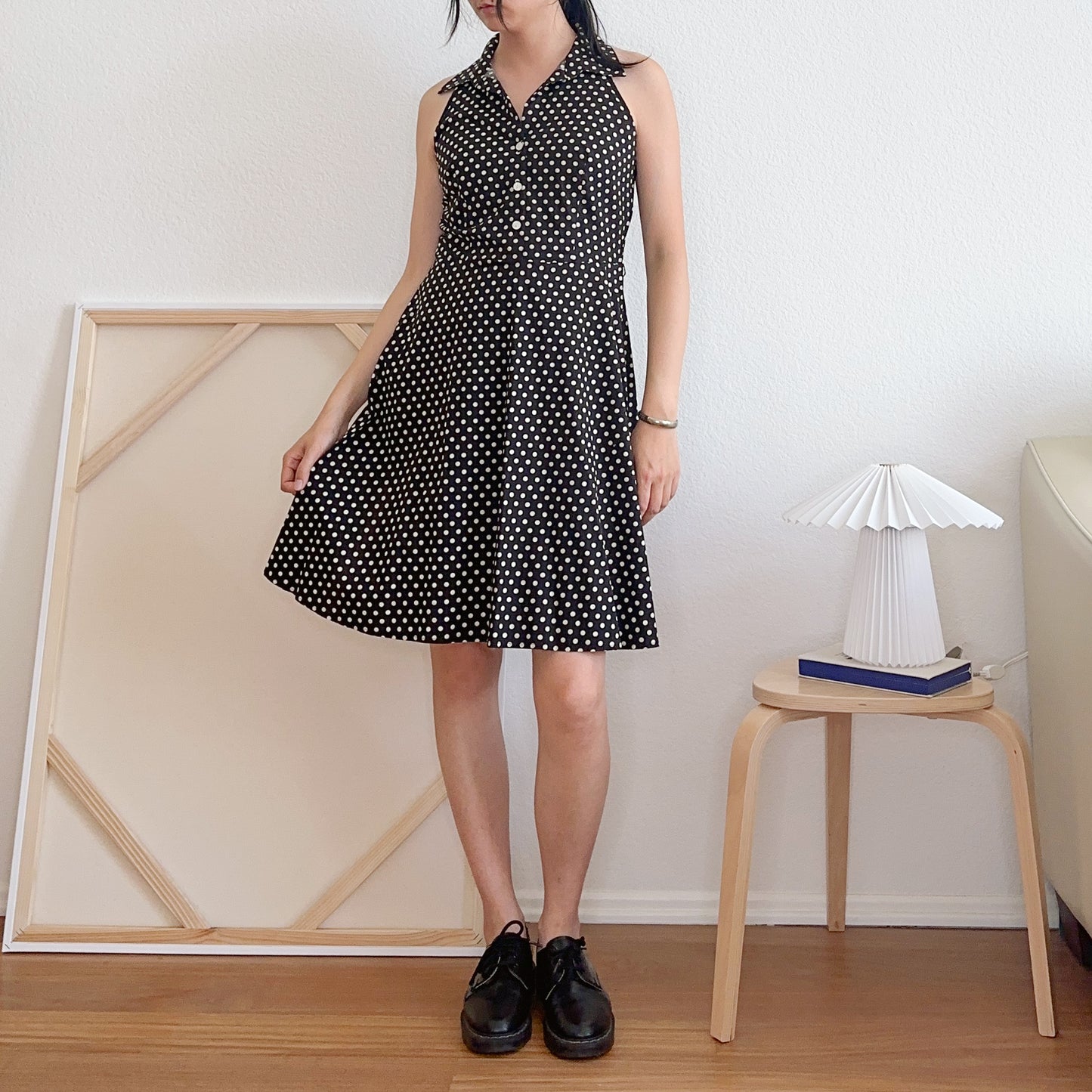 Y2K Black and Cream Polka Dot Dress | M