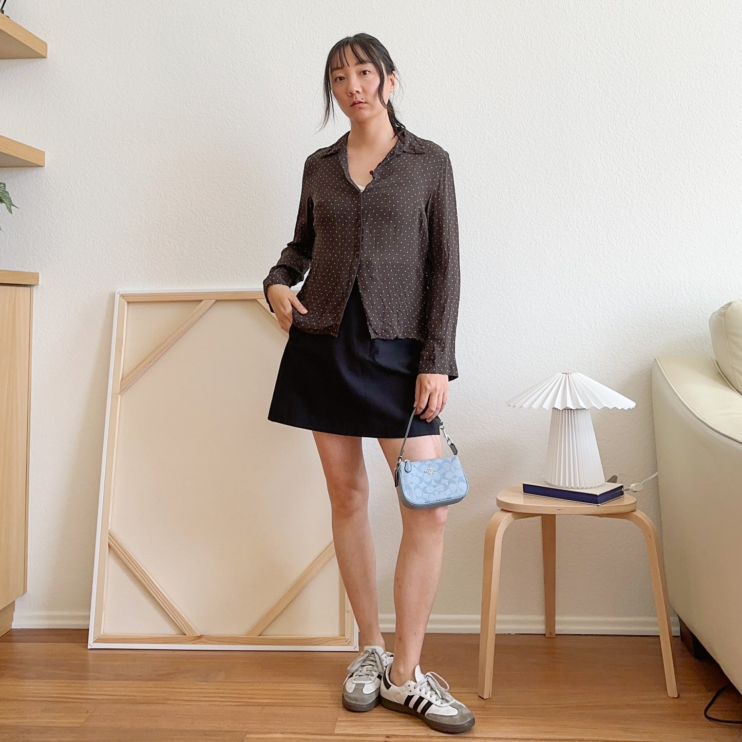 Y2K Brown and Blue Pin Dot Shirt | S