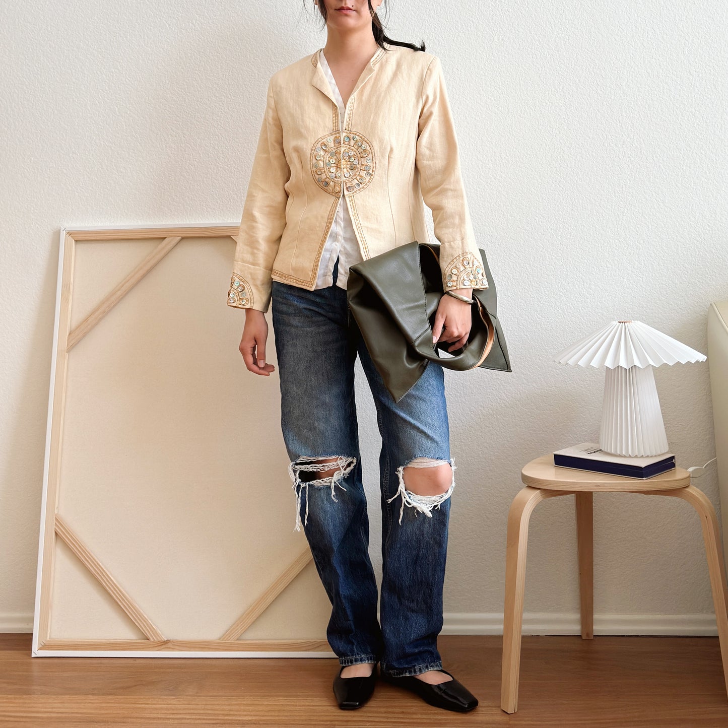 Y2K Cream Beaded Linen Jacket | M