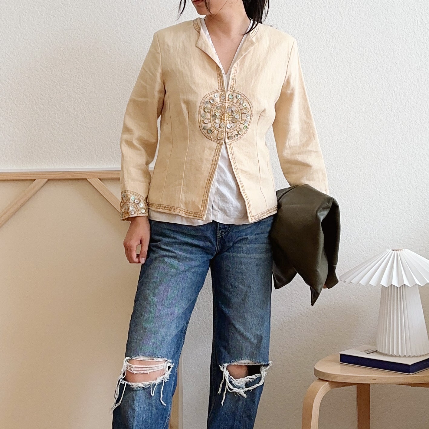 Y2K Cream Beaded Linen Jacket | M