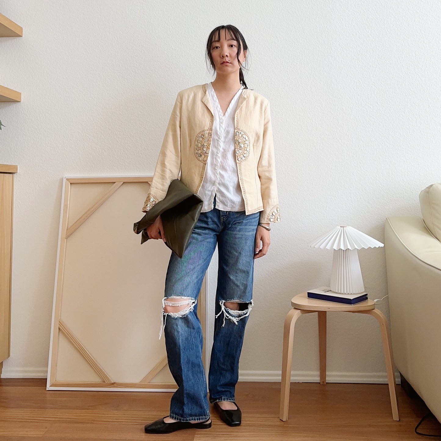 Y2K Cream Beaded Linen Jacket | M