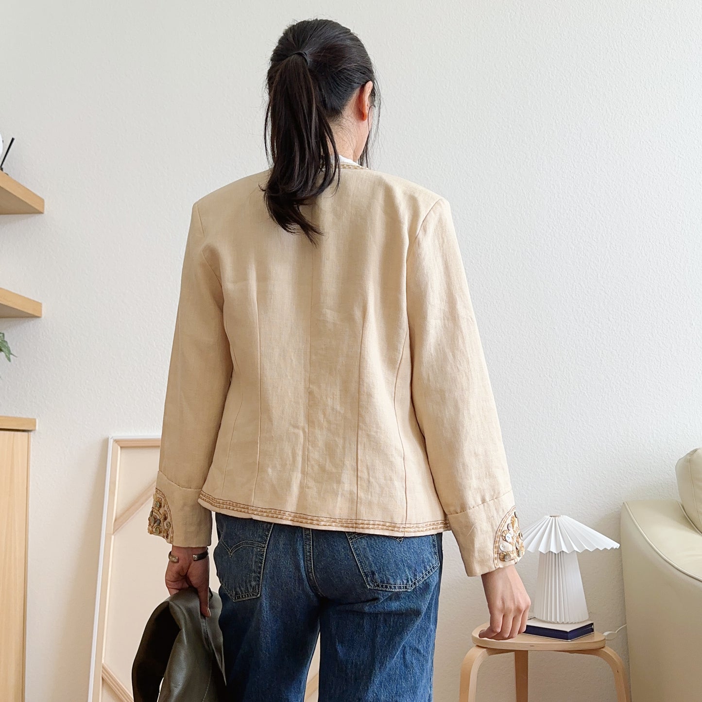 Y2K Cream Beaded Linen Jacket | M