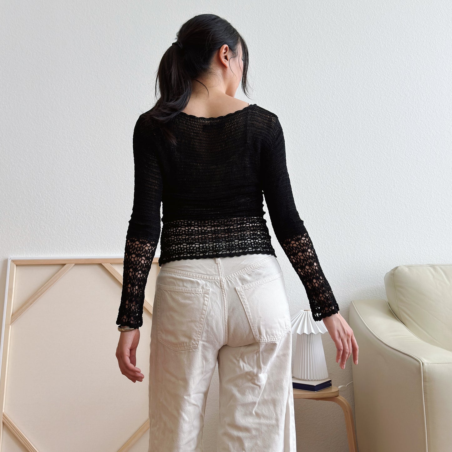 Y2K Open Knit Black Crochet Top | M