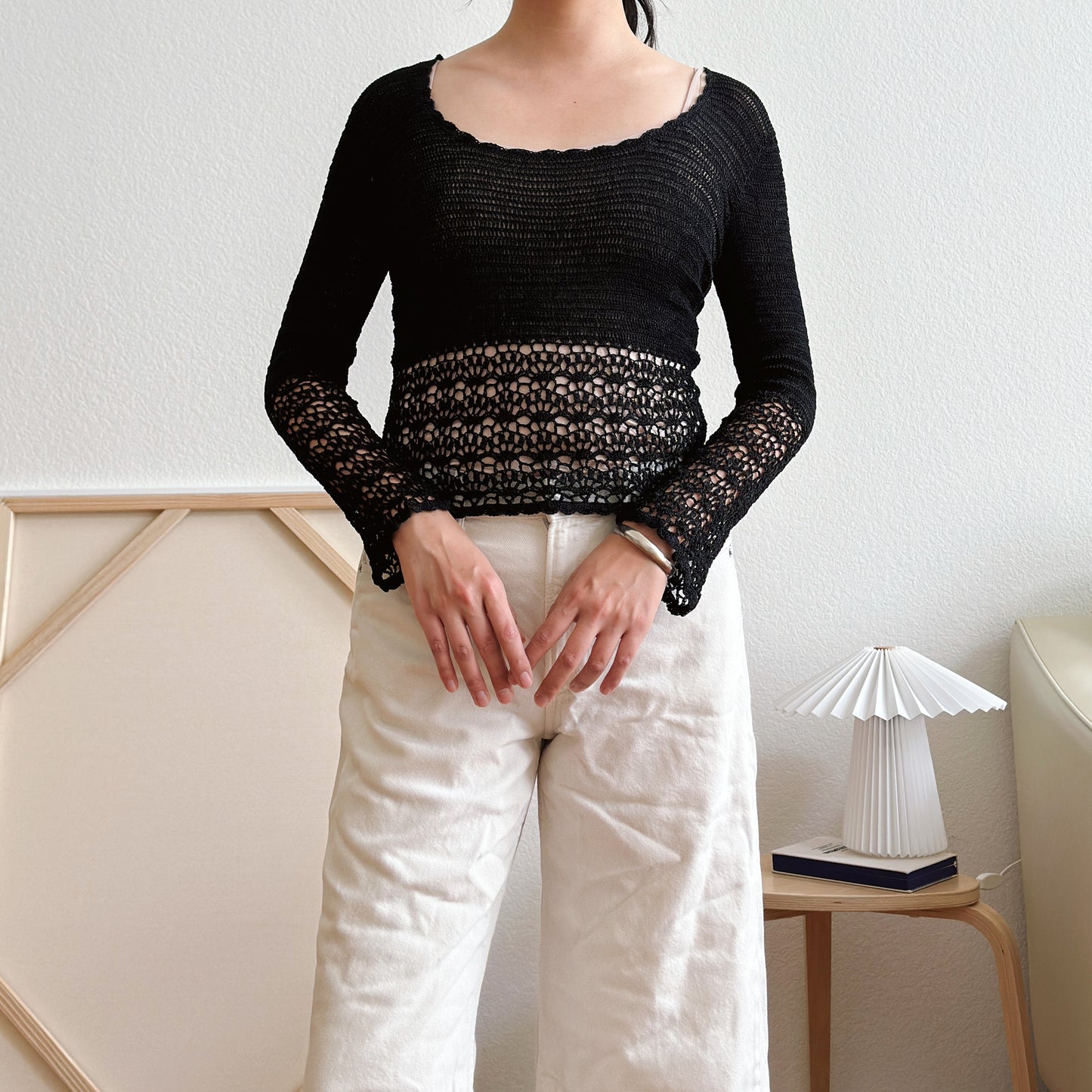 Y2K Open Knit Black Crochet Top | M