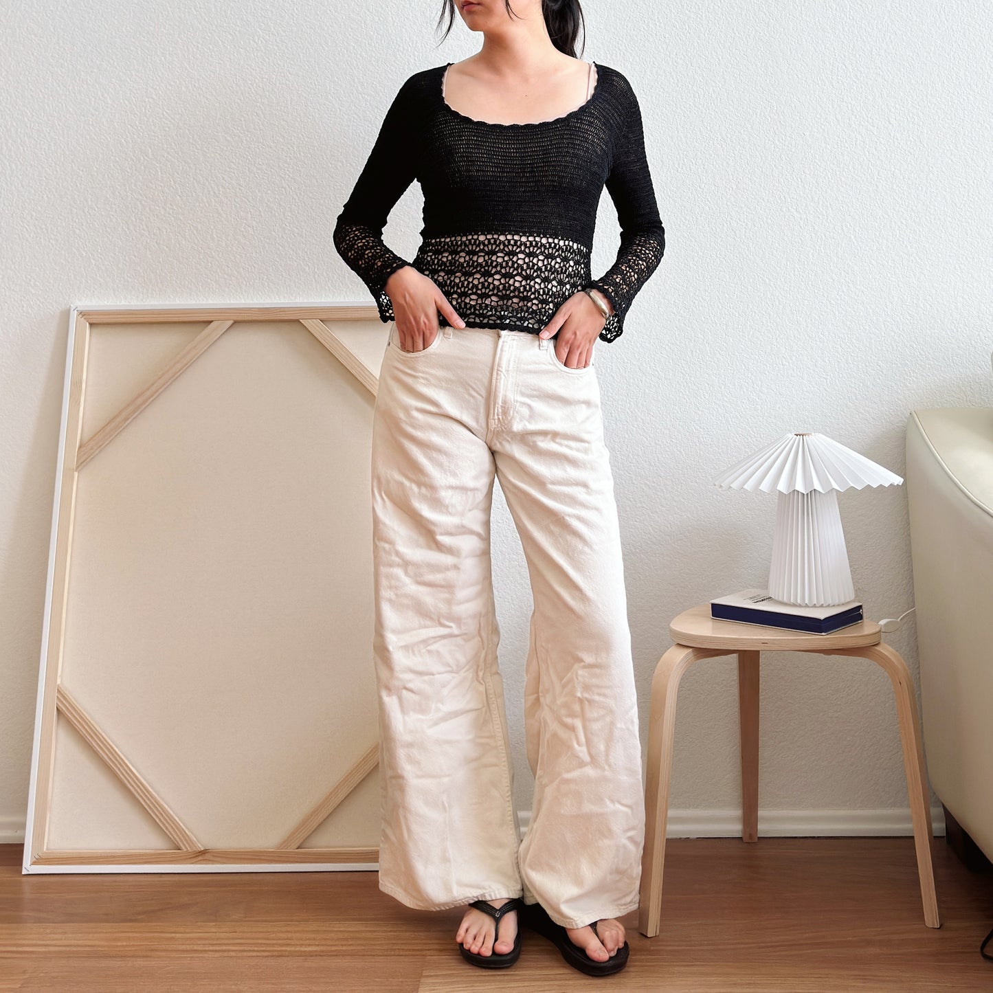 Y2K Open Knit Black Crochet Top | M