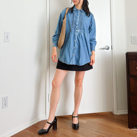 Y2K Pleated Bib Denim Shirt | M